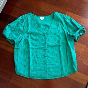 J. Crew Teal Eyelet Button-Up Blouse